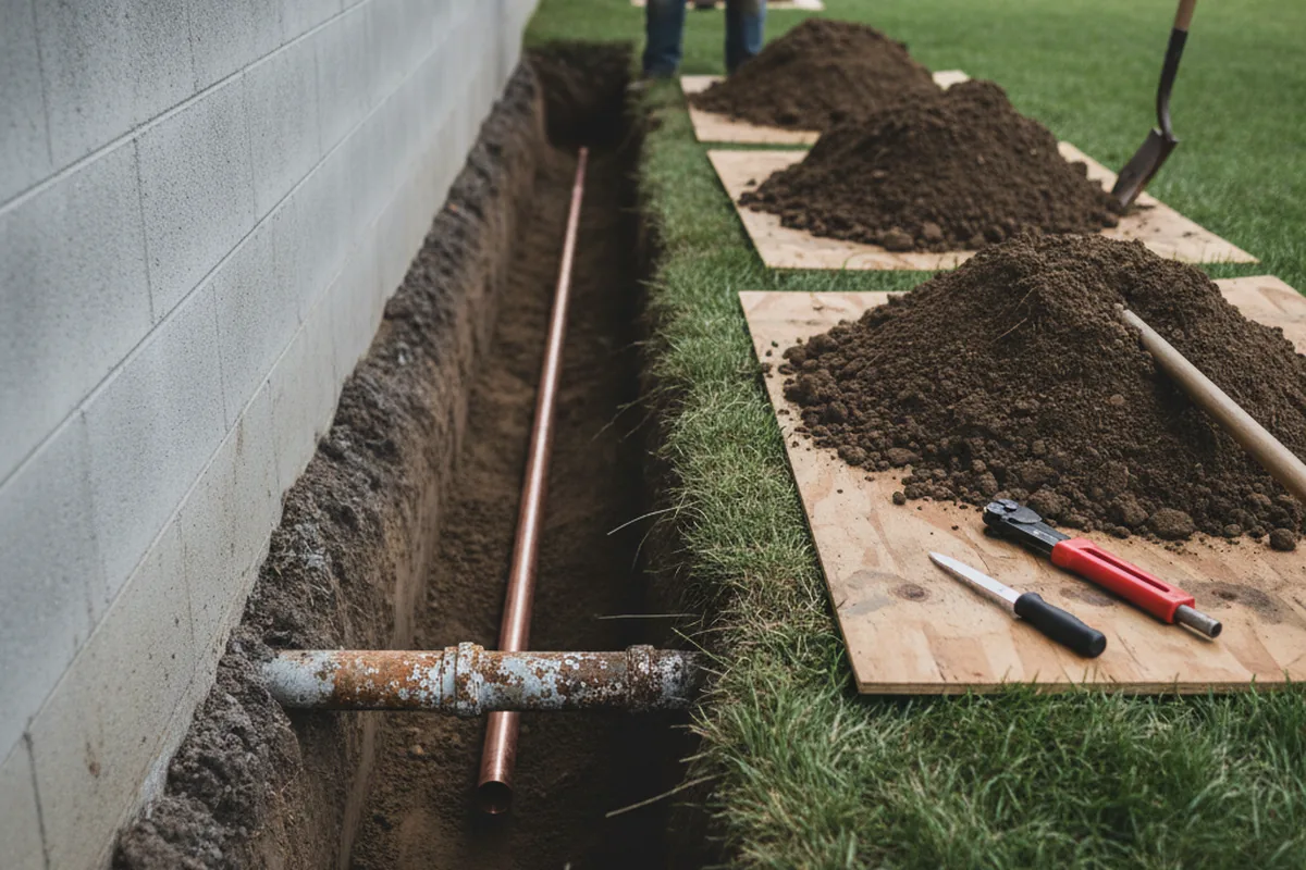 Excavated water line trench during Water Heater Repair in San Jose